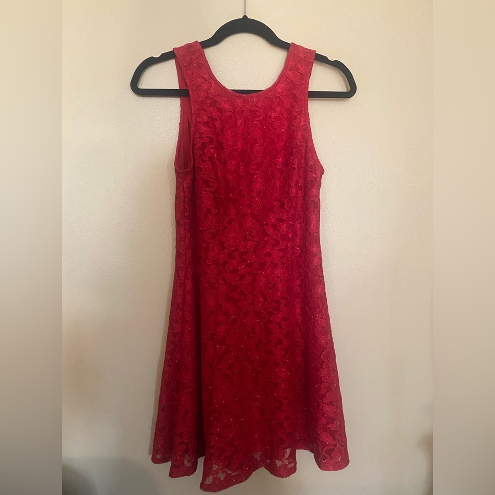 Red, sparkly dress, about knee length. Brand: Speechless. Size: medium.